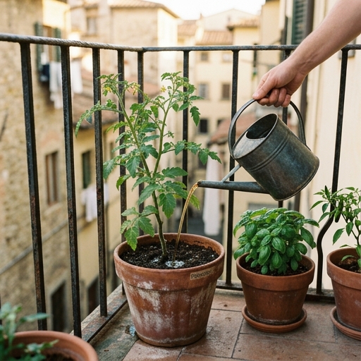 Piccolo annaffiatoio con liquido ambrato che fertilizza una pianta di pomodoro in vaso su un balcone italiano