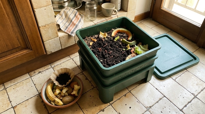 Lombricompostiere a vassoi impilabili appoggiato sotto il lavello di una cucina italiana con bucce di frutta accanto